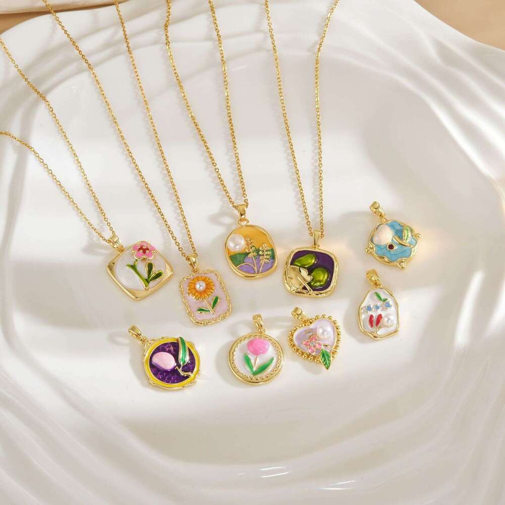 Vintage Oil Painting Style High-End Necklace Monet Flower Round French Light Jewelry For Women Baroque Pearl Collarbone Chain 0C4
