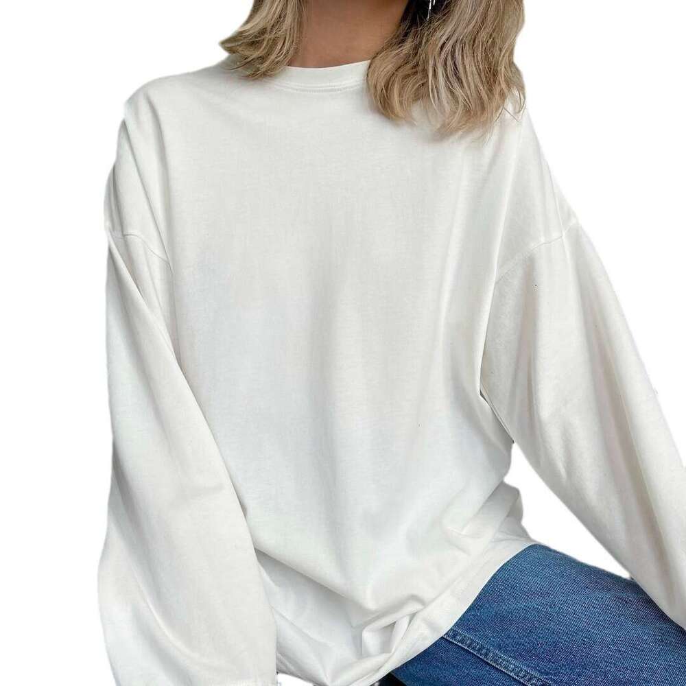 Ribbed Cuff Pure Cotton T-Shirt For Women 220G Knitted Loose Long Sleeve Top Ins Style B5