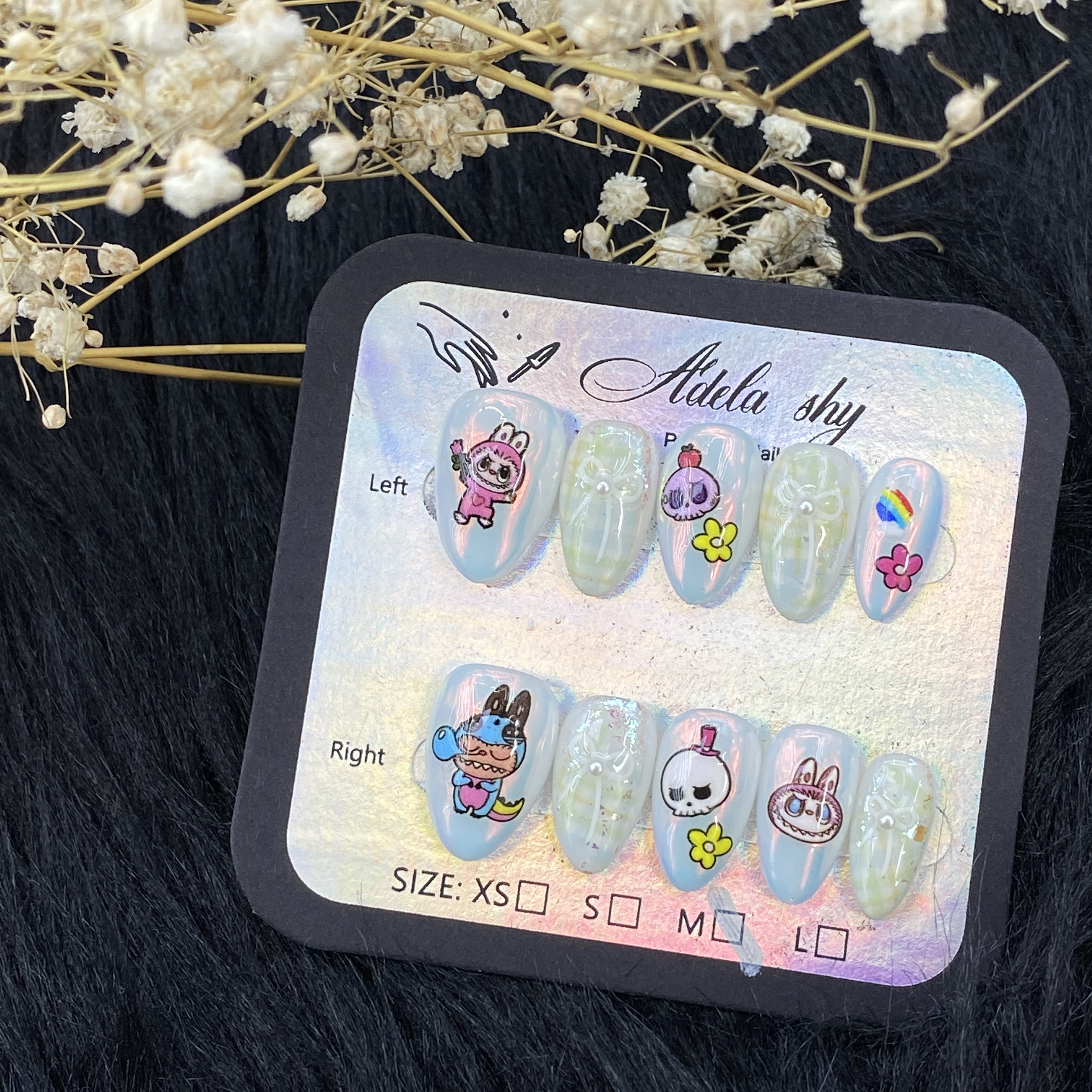 False Nails 10pcs Medium Almond Milky White Cute Cartoon Nail Art with Rabbit Panda Dog Skull Flower Rainbow Pearl Bow Full Cover Press On DIY Tips