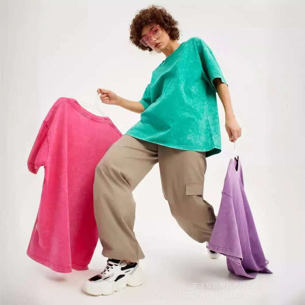 Spring Summer New Solid Color T-Shirt Women Washed Vintage Wax-Dyed Top Pure Cotton Short Sleeve B5