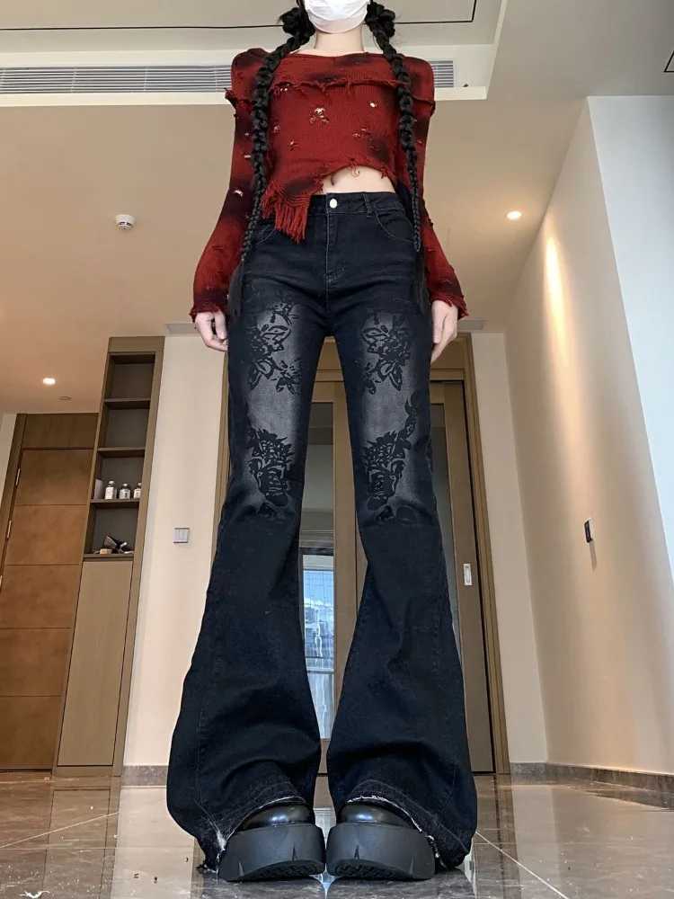 Womens Vintage Full Length Denim Trouser Floral Print Grunge 2000s Street Retro High Waist Jeans Casual Trashy Y2K Emo Pants R250716