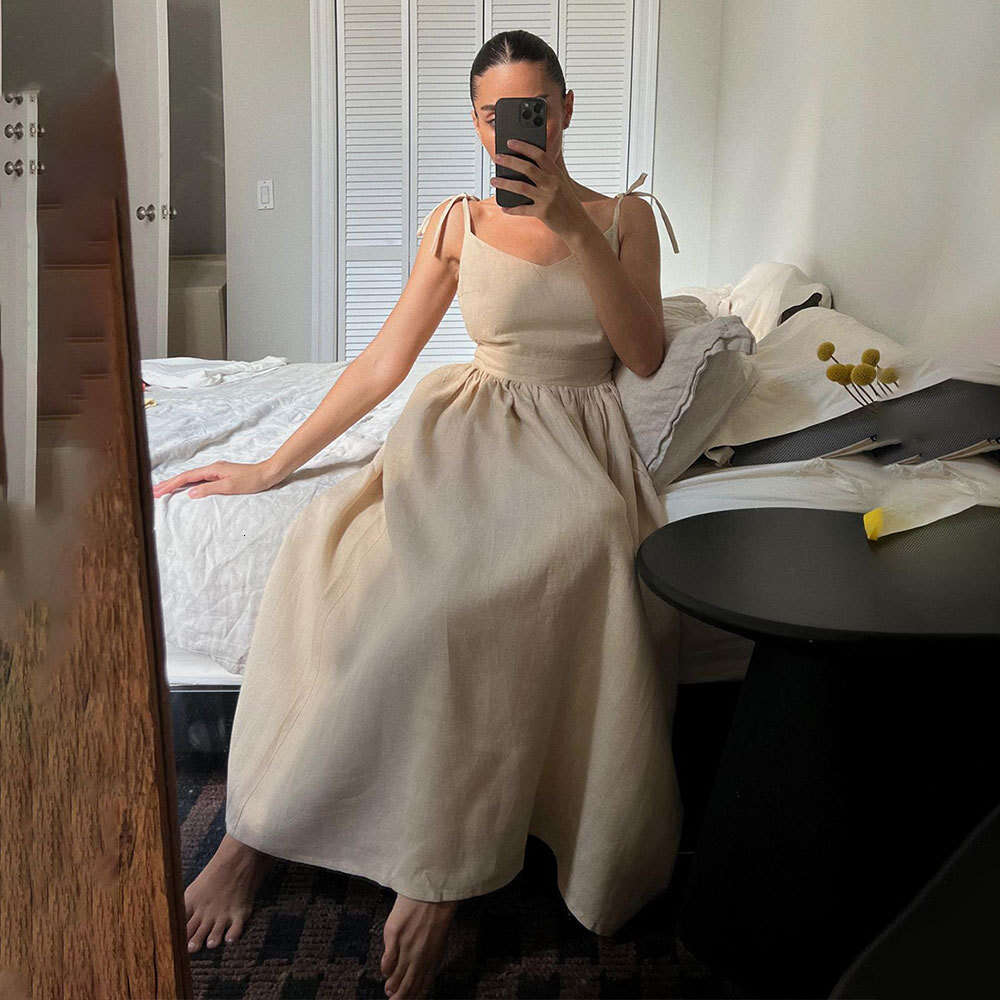 Pure Cotton V-Neck Strap For Women Spring New Elegant Sexy Tie Backless Dress B5