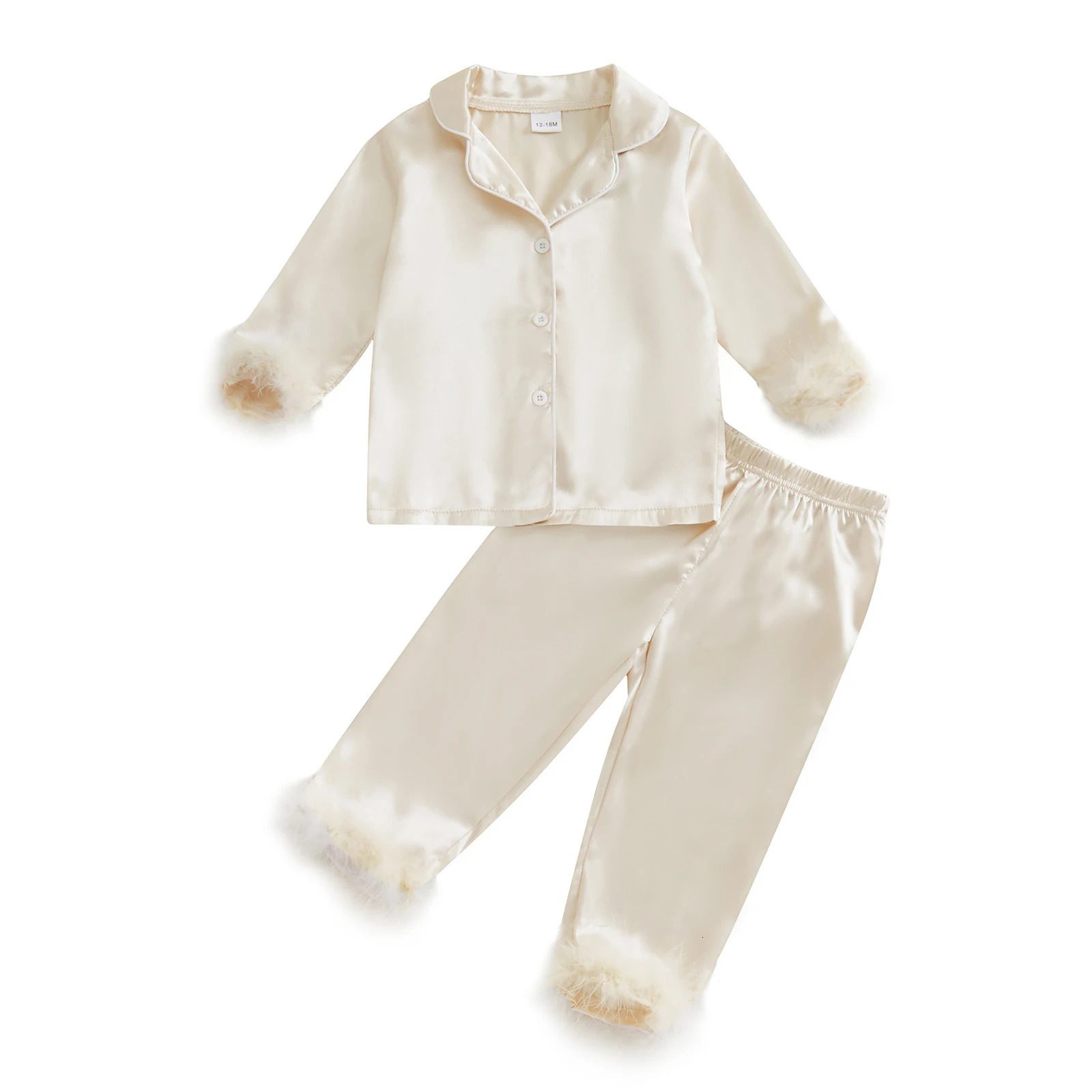 Kids Baby Girl Satin Pajamas Set Autumn Spring Fuzzy Trim Long Sleeve Button Down Tops Elastic Waist Pants 2Piece Loungewear Set 250716