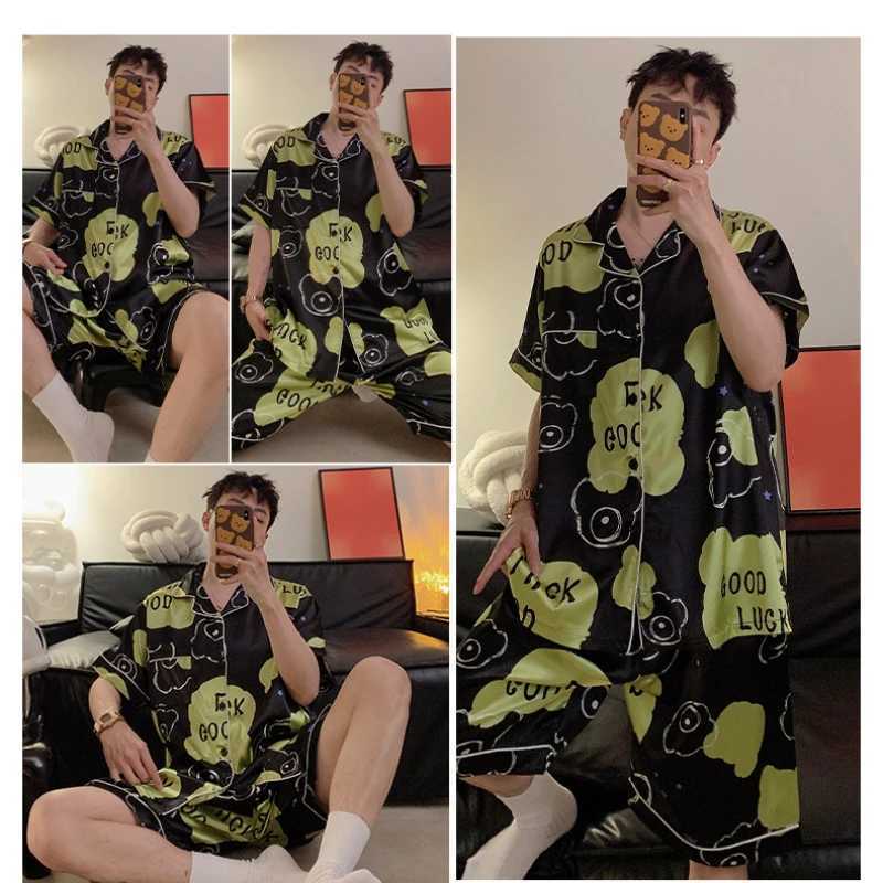3XL-5XL 50kg Plus Size Mens Satin Pajamas Summer Cartoon Short Sleeve Button Up Top and Shorts Pj Lounge Set Loose Sleepwear W250717