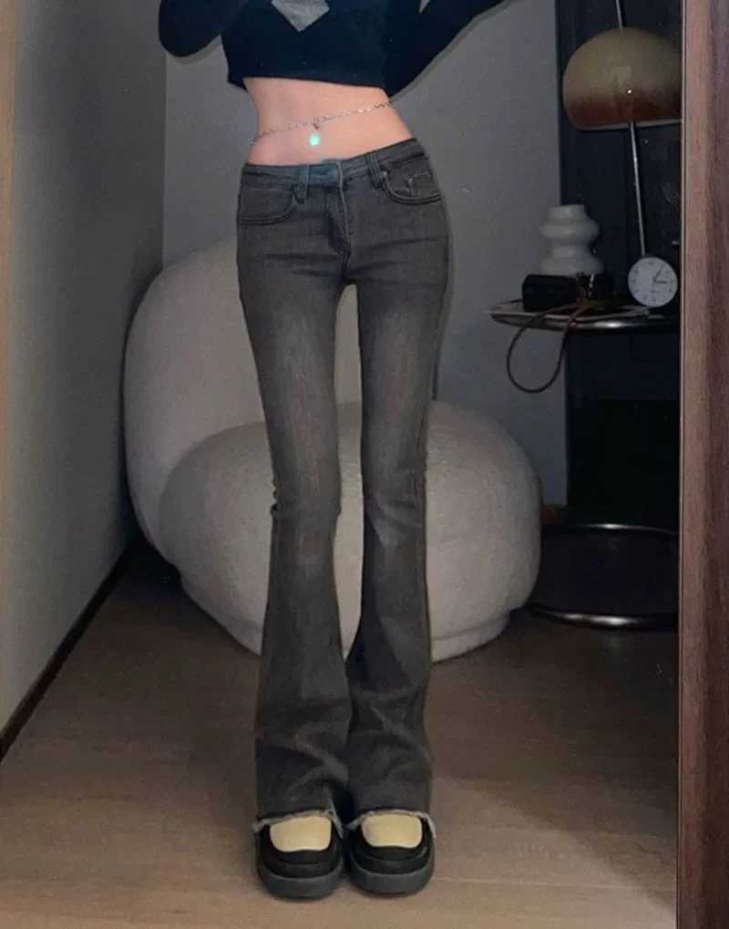 2000s Y2K Good Quality Flare Gray Pants for Women Bell Bottom Womens Jeans Flared with Pockets Low Rise Waist Summer R250716