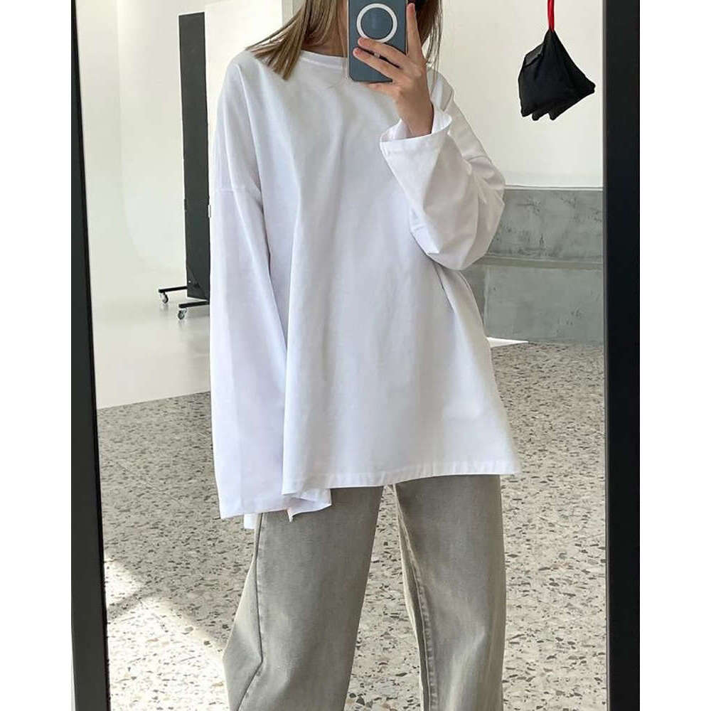 Style Loose Long Sleeve Split T-Shirt For Women, Solid Color 100% Cotton Top, Spring Summer Women's Clothing B5
