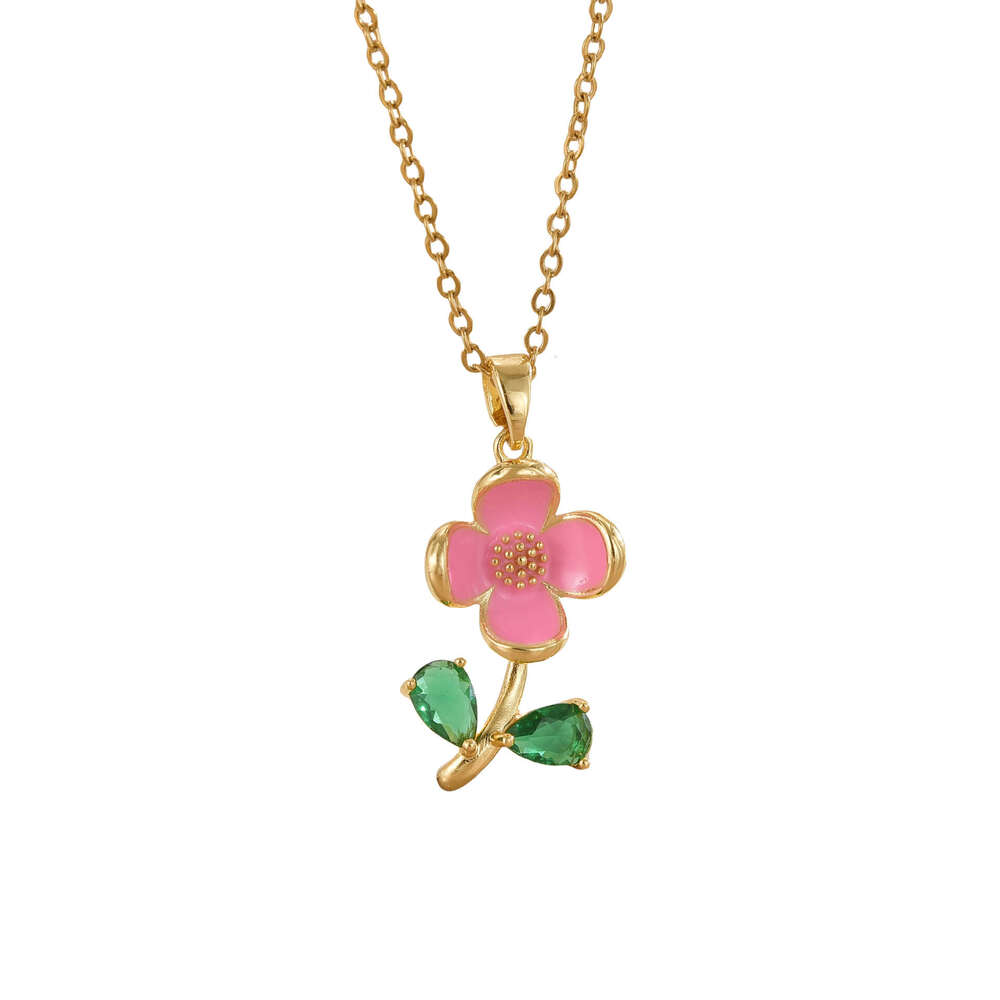 Oil Drop Micro Paved Zircon Colorful Flower Tulip Rose Pendant Necklace For Women Light High-End Feel 3B0