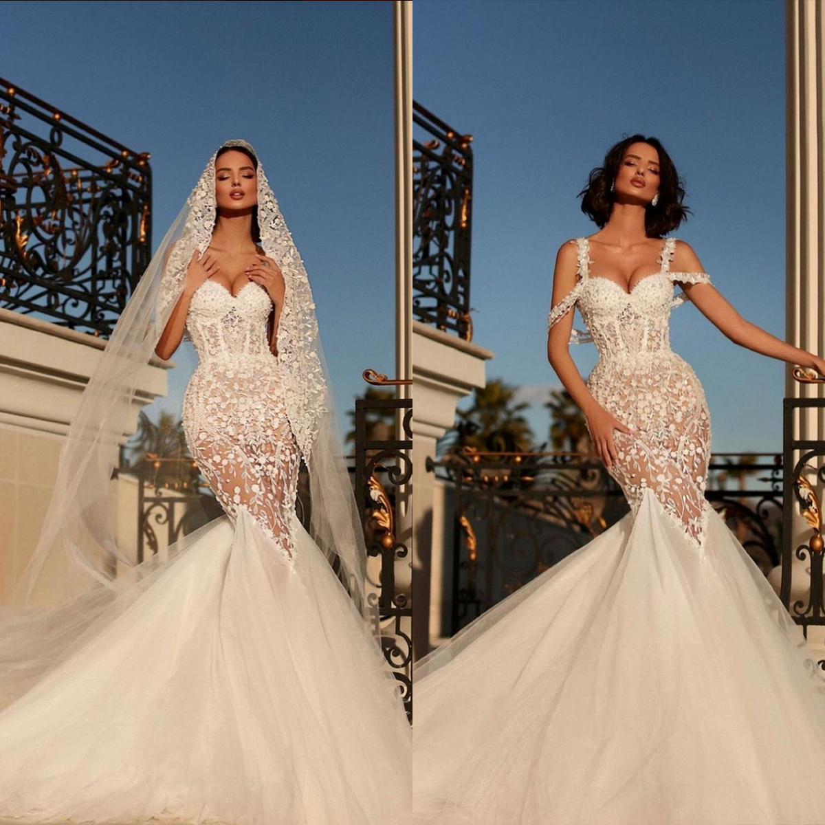 Glamorous Mermaid Wedding Dresses Spaghetti strap Applique Zipper Sweep Train Bridal Gown Vestidos De Novia