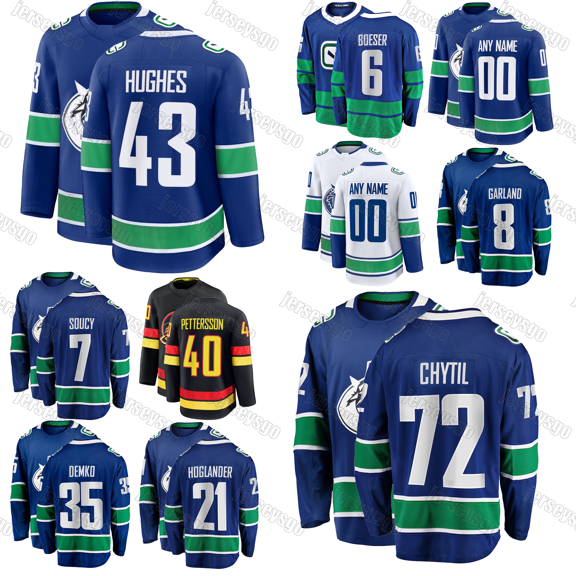 #40 Elias Pettersson Canucks hockey jersey #43 Quinn Hughes Elias Lindholm Brock Boeser Joshua Trevor Linden J.T. Miller Conor Garland Nikita Zadorov jerseys