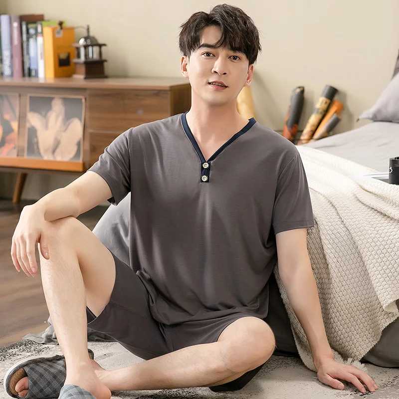 New V-Neck Modal Cotton Mens Summer Short Sleeve Shorts Pajamas Set Big Size M-4XL Sleepwear Leisure Suits Nightwear Mens Pajamas W250717
