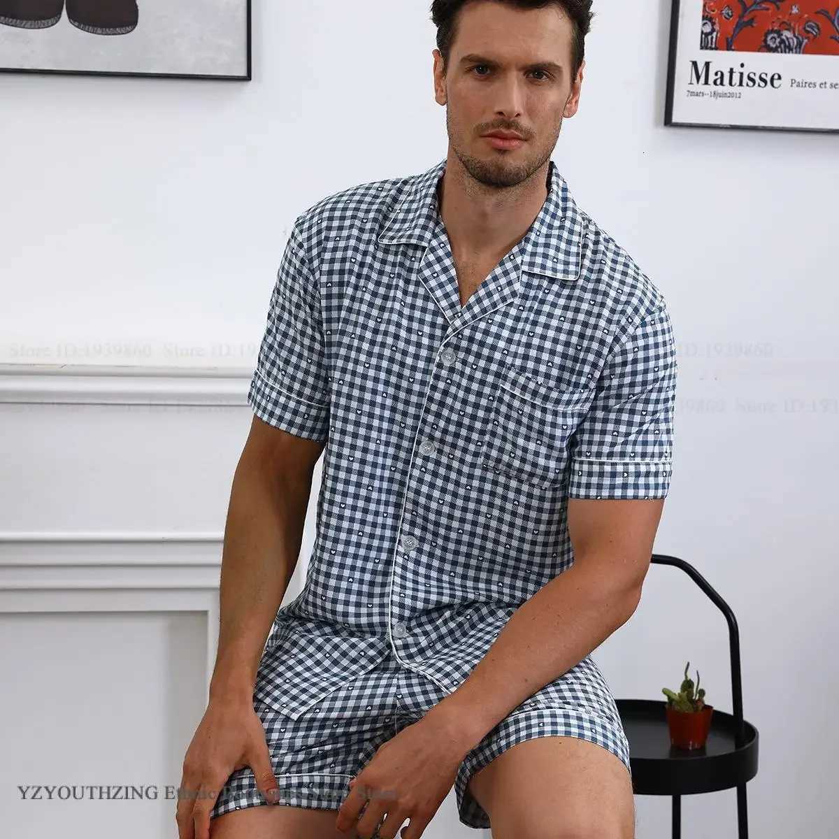 New Mens Pajamas Set Spring Summer Short Sleeve Shorts Pajamas Suit Home Clothes Loose Casual Plaid Sleepwear Lounge Wear W250717