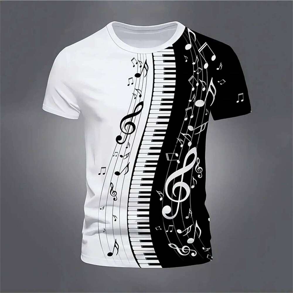 T-Shirt Retro 3D Music Notes Printed Men Daily Casual Short Sleeve Street Designer Tees Oversized Men's Clothing shorts