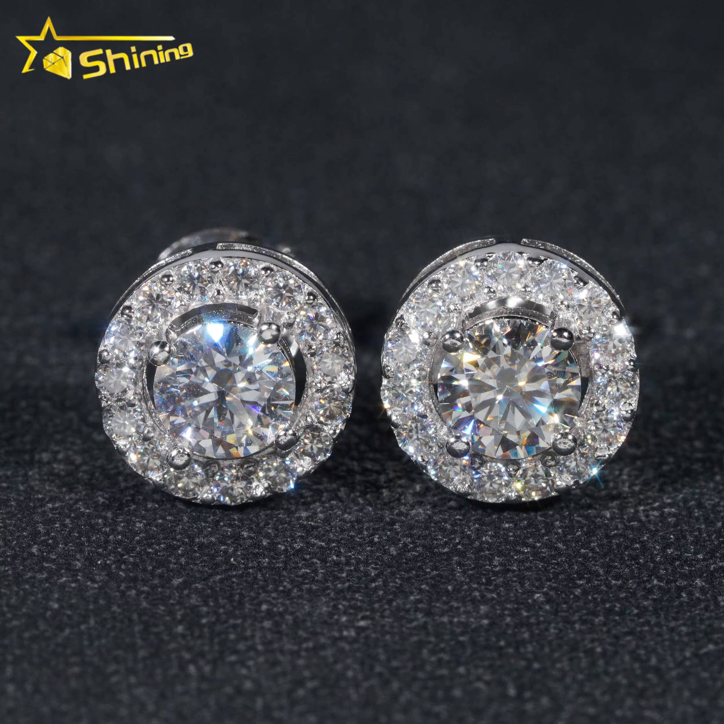Hip Hop Jewelry Pass Diamond Tester 925 Sterling Silver Round Halo VVS Diamond Moissanite Stud Earrings