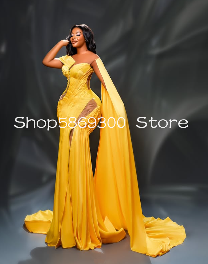 Yellow Gold Mermaid Long Prom Formal Dresses Sheer Mesh African Aso Ebi Ruched Ribbon Evening Occasion Gala Gown Csutomsized