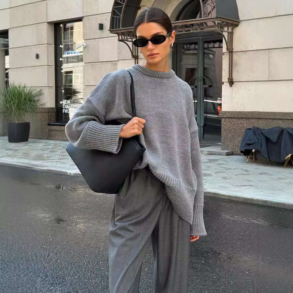 Autumn Winter New Solid Color Versatile Casual Lazy Pullover Knitted Round Neck Sweater B5