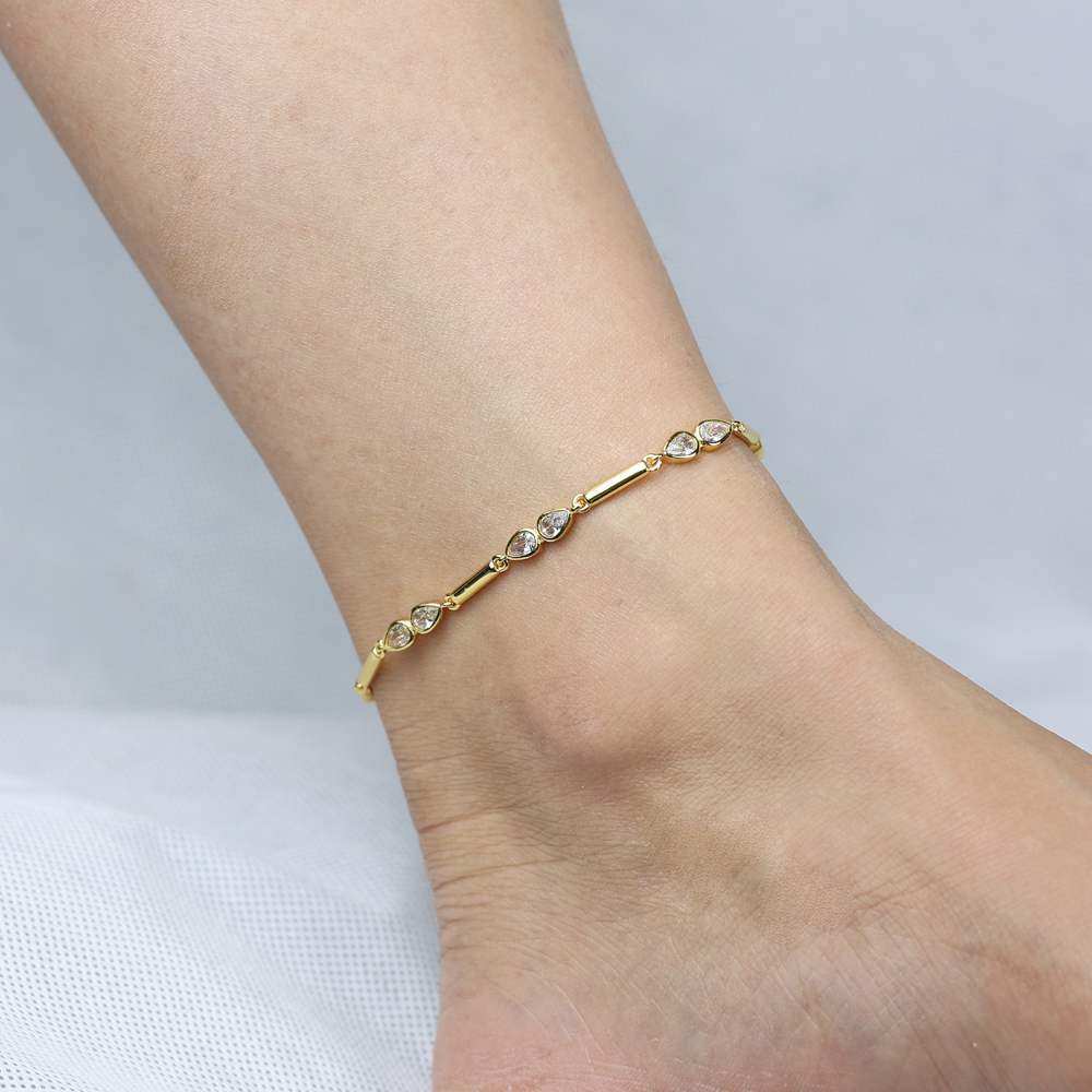 sdzstone 2025 New Arrived Fashion Geometric Bar Tear Drop Cubic Zirconia CZ Link Chain Anklet Women Gold Color Foot Jewelry