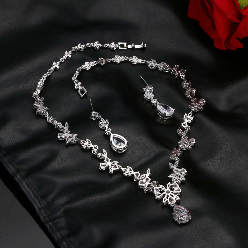 Classic Popular Zircon Necklace Earrings Korean Ins Style Bride Wedding Set