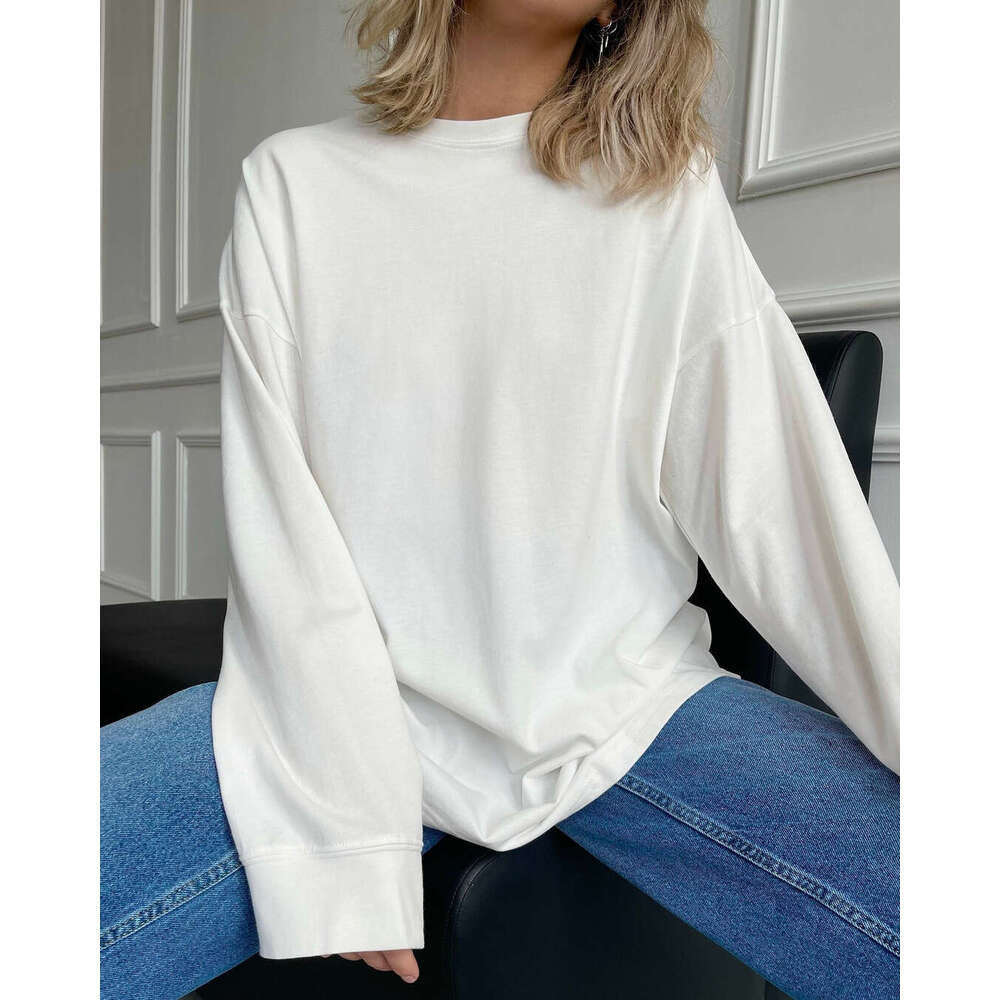 Ribbed Cuff Pure Cotton T-Shirt For Women 220G Knitted Loose Long Sleeve Top Ins Style B5
