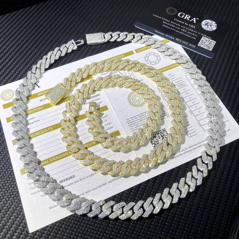 Wholesale Choker 18k Gold Plated Custom Cuban Link Chain Solid 925 Sliver Diamond Chain 12mm Moissanite Cuban Chain Necklace