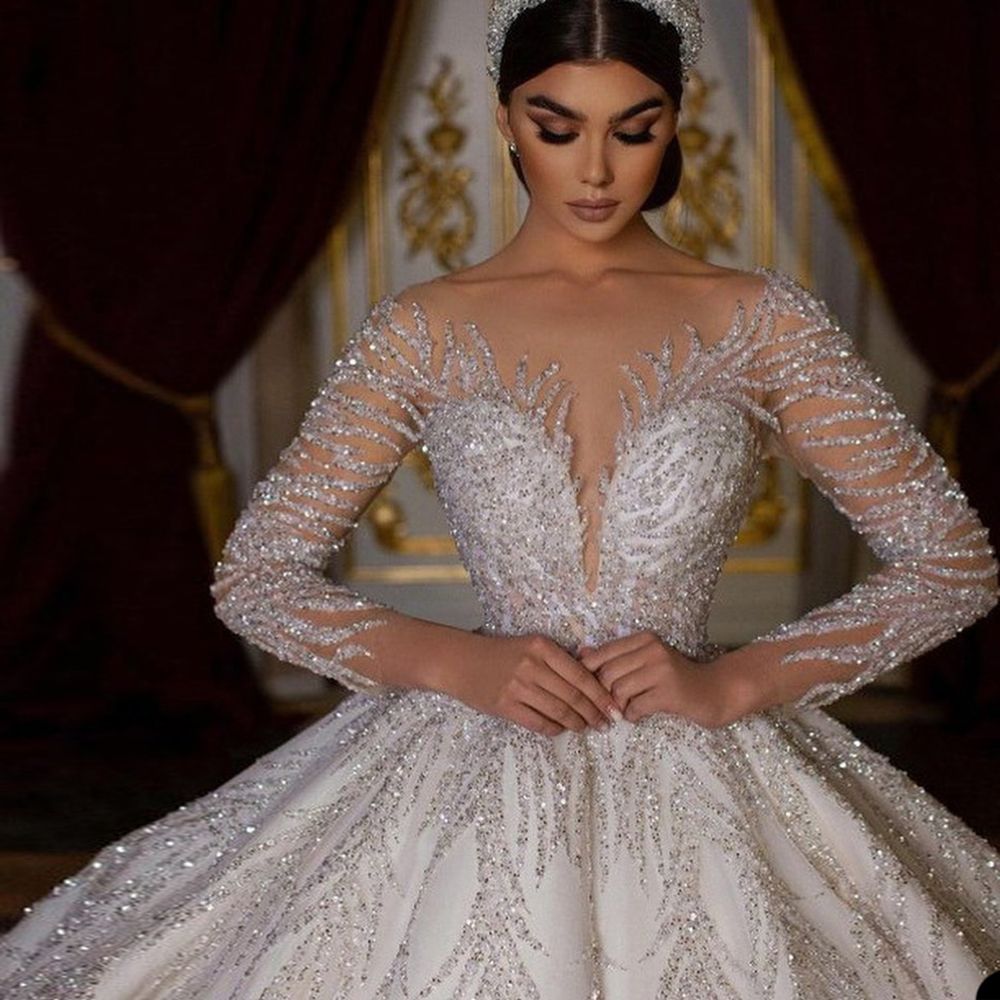 Luxurious Beadings Arabic Dubai Wedding Dresses Ball Gown Sheer Neck Illusion Long Sleeve Beads Sequins Crystals Bridal Gowns BC15163
