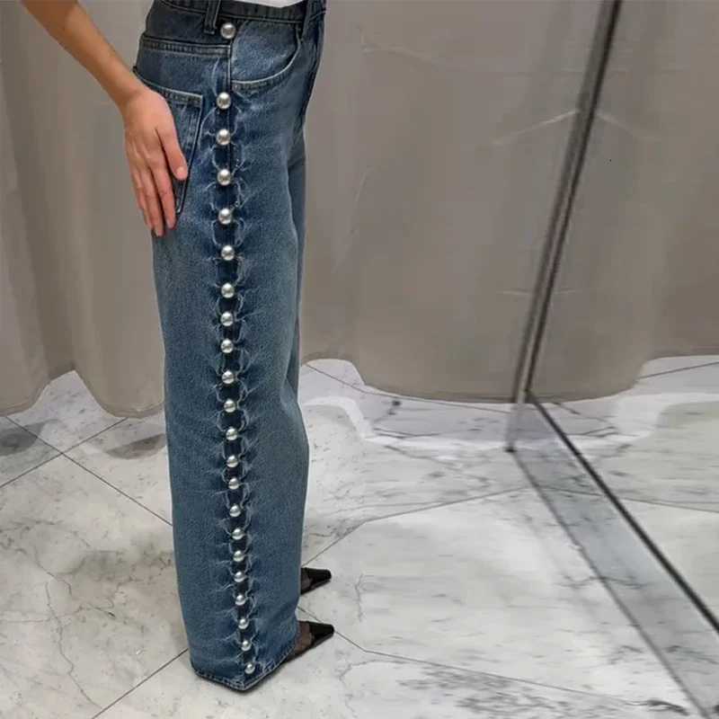 Chic Bead Blue Jean Women Street Baggy Wide Leg Straight Pocket Zipper Denim Long Pants Female 2025 Autumn Commute Lady Trouser R250716