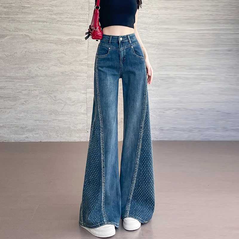 2025 Summer High Waist Wide Leg Jeans for Women Bell Bottom Pants Flared Pants Hotfix Rhinestone Patchwork Dragging Pants R250716