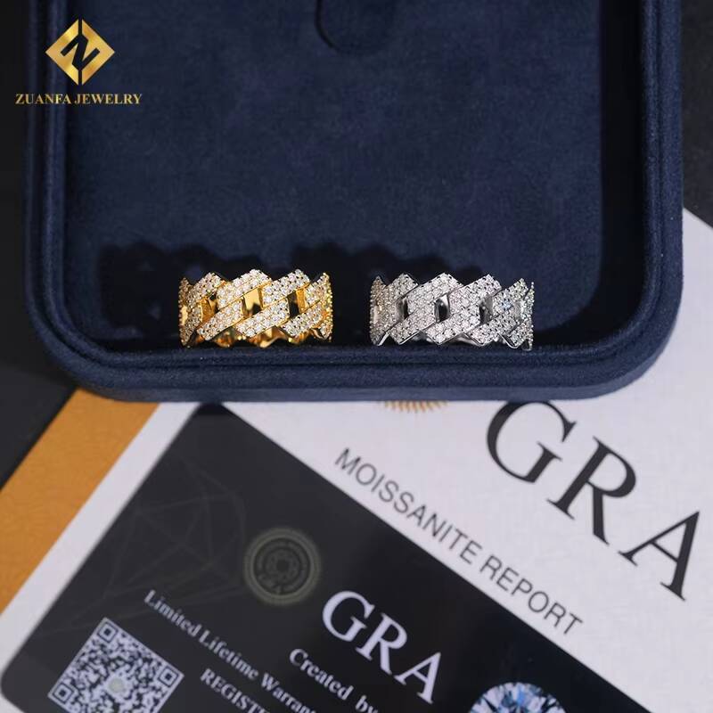 Hot Sale Fashion New Design Gold and Silver Moissanite Ring Full Diamond GRA Certificates Pass Diamond Tester Hip Hop Style