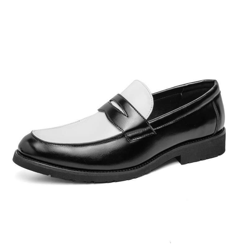 Summer New Men's Low-top Office Formal Leather Shoes Size 46 Black and White Color Block Slip-on Loafers