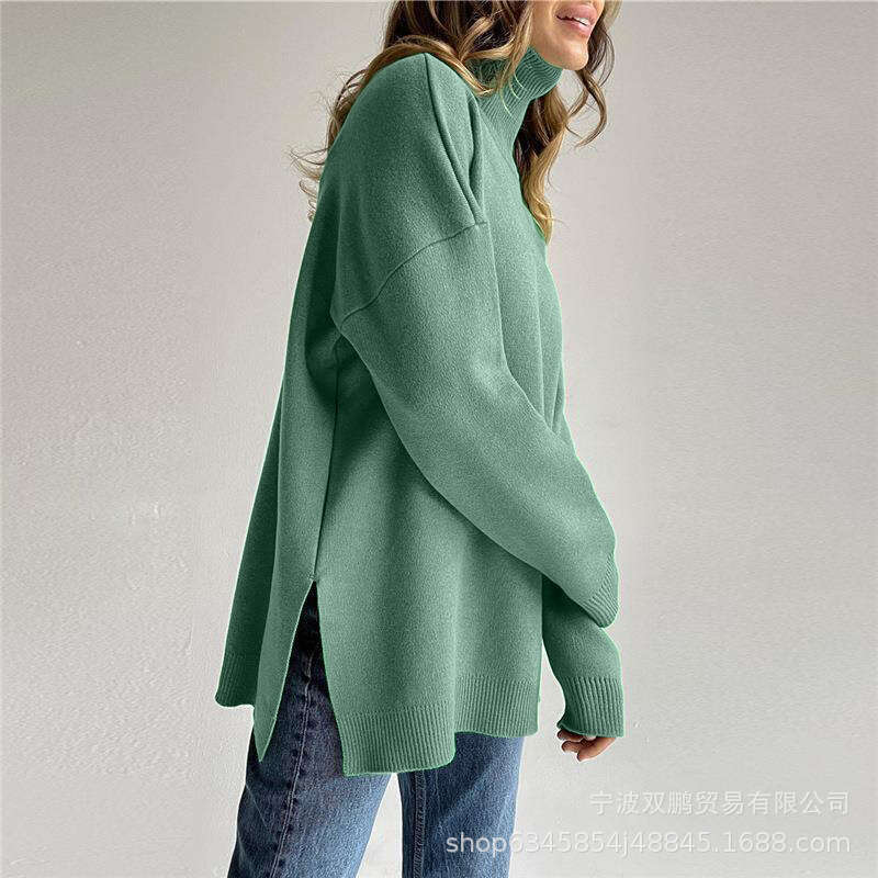 Autumn Winter New High Neck Sweater Women's Split Knitted Design Soft Top Ins B5