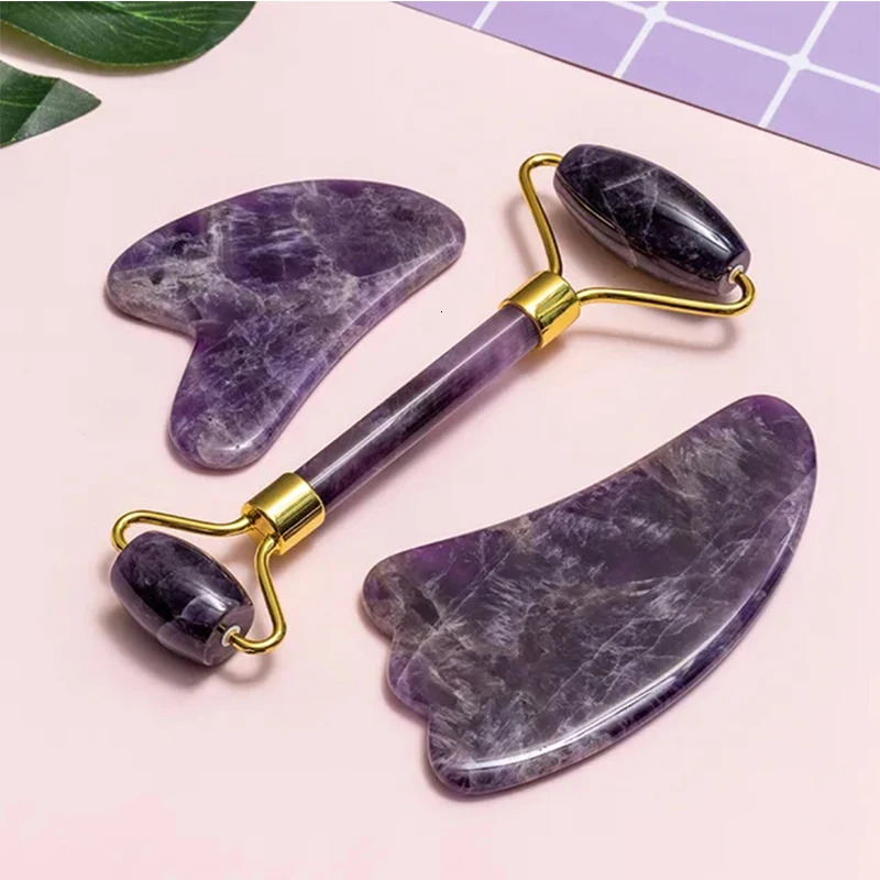 Natural Stone Amethyst Jade Roller Gua Sha Massager For - Acupuncture Beauty Skin Care Gouache Scraper Set 250716