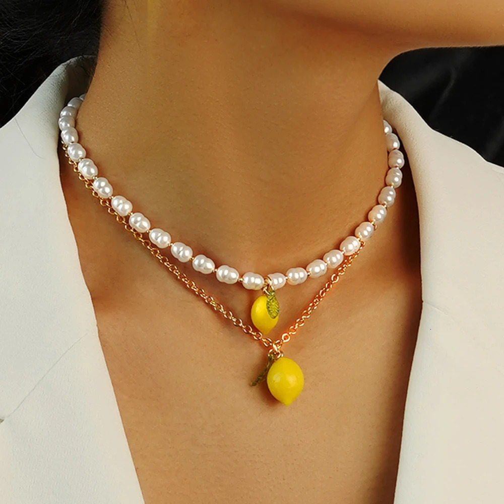 Y2K Colorful Lemon Charm Pearl Necklaces For Women Summer Pastoral Beaded Cute Funny Creative Jewelry 250715