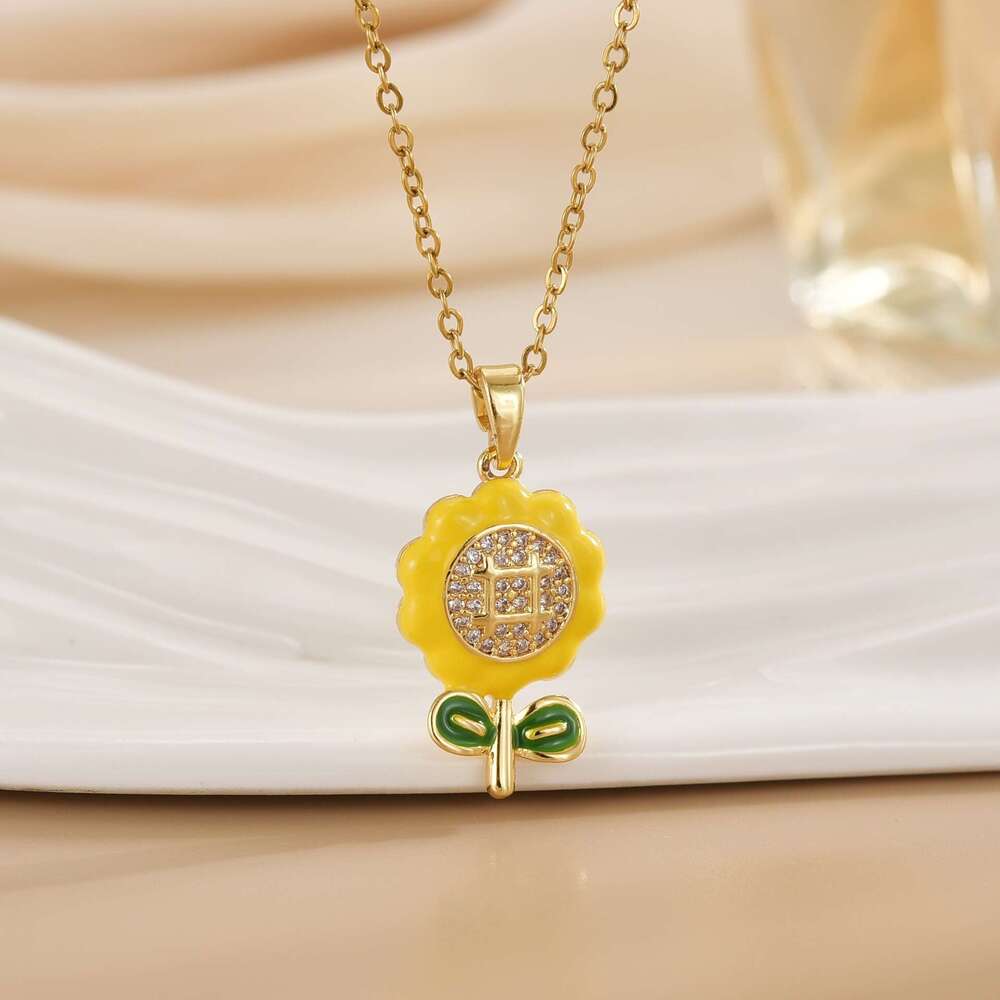 Oil Drop Micro Inlaid Yellow Small Flower Pendant Light Necklace For Women High-End Non-Fading Titanium Steel Clavicle Chain Fc3
