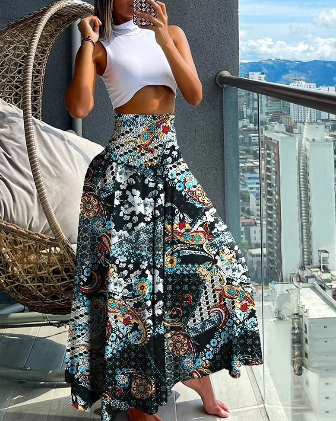 SpringSummer Womens Vacation Trousers Latest Casual Vintage Boho Tribal Floral Print High Waist Shirred Wide Leg Pants 250717