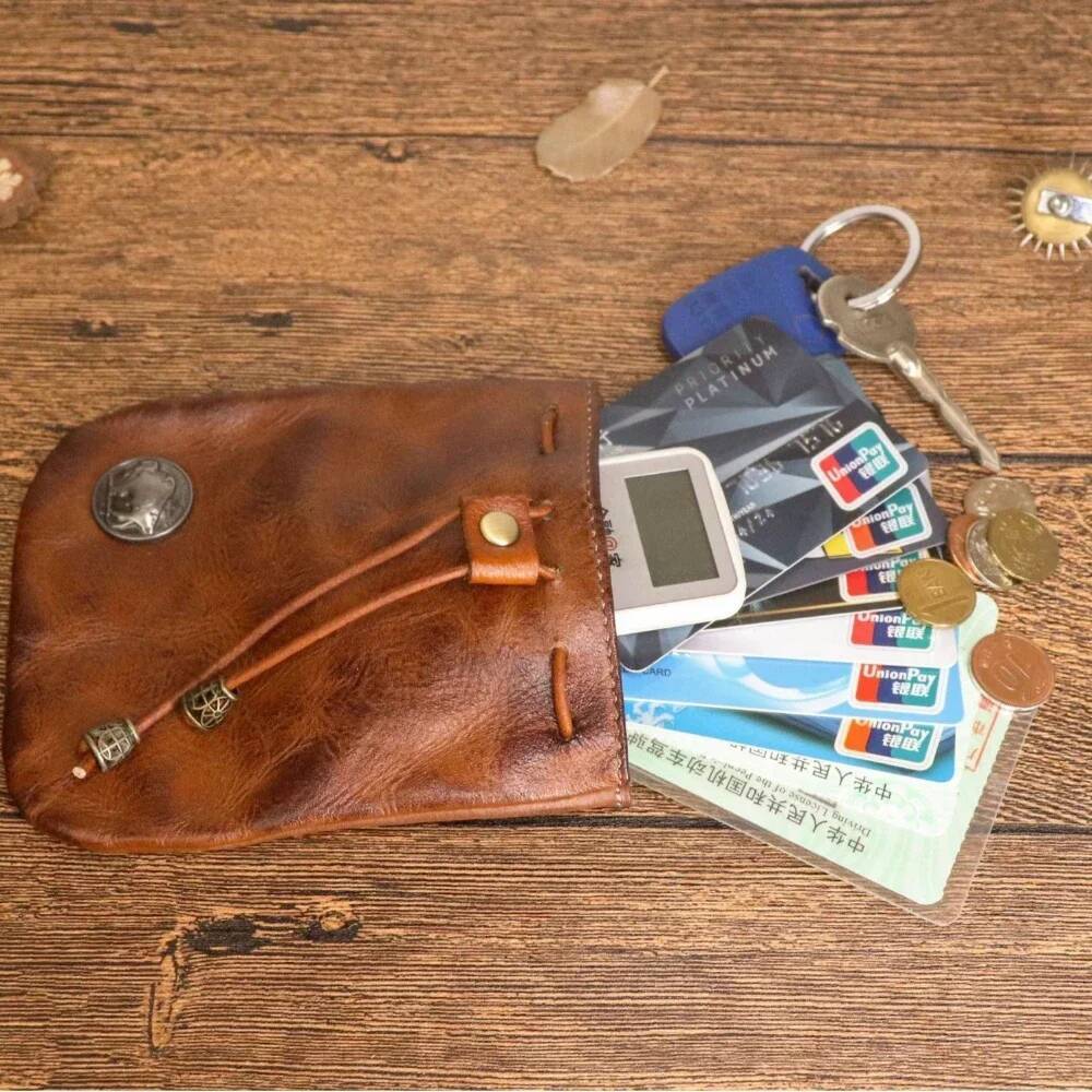 Retro Genuine Leather Bag Drawstring Wallets Fashion Women Men Housekeeper Card Key Holders Mini Purse Coin Pouch