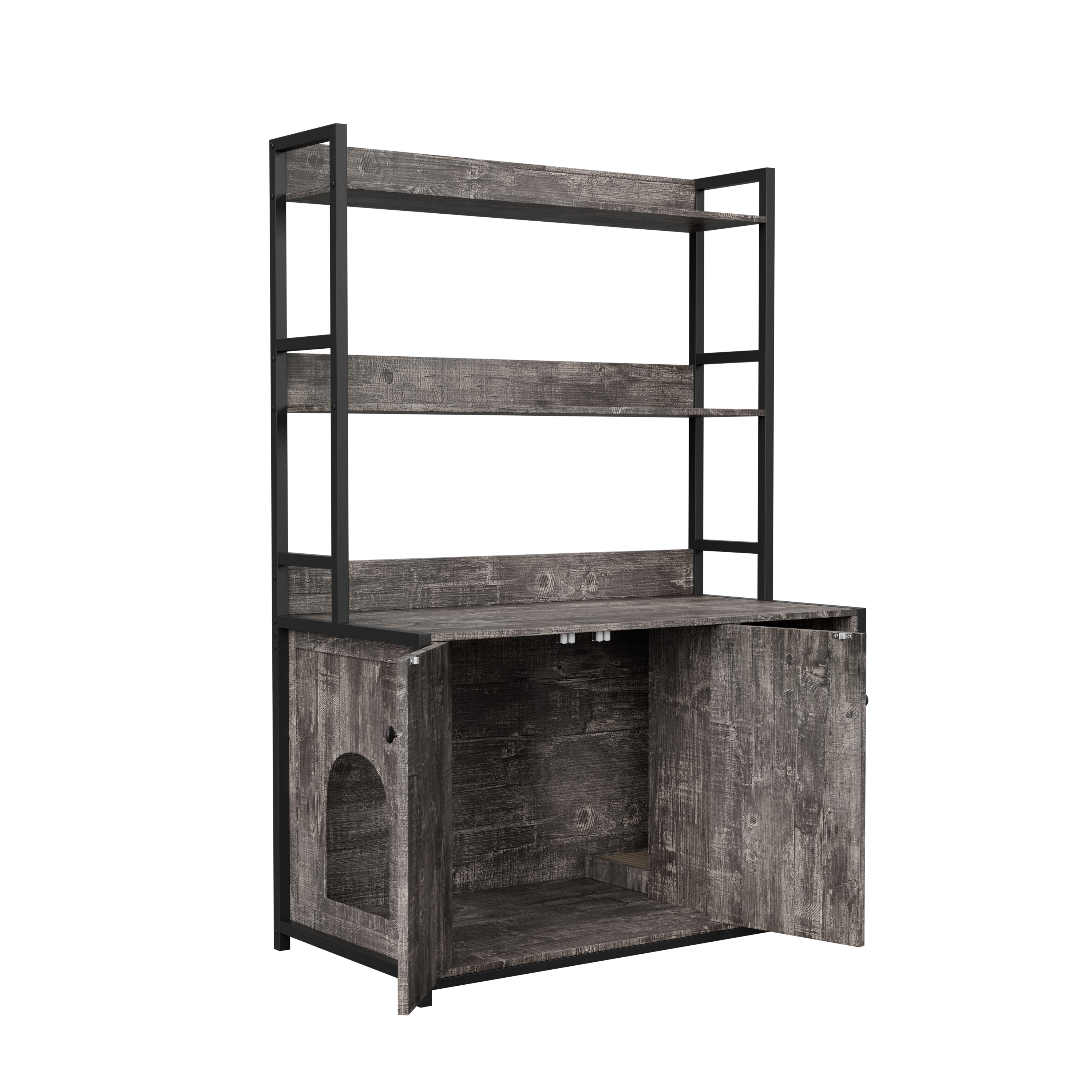 Large Cat Litter Box Enclosure With Shelf Storage Hidden Cat Washroom Furniture Wooden Cat House With Scratch Pad Sturdy Indoor Cat Cabinet With 2 Doo