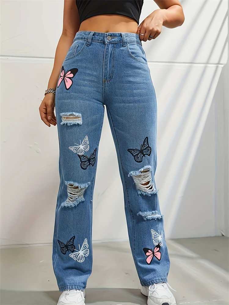 Womens Butterfly Print Holes High Waisted Blue Jeans Summer Trousers Cool Girl Casual Bottoms Female Wide Legs Denim Pants R250716