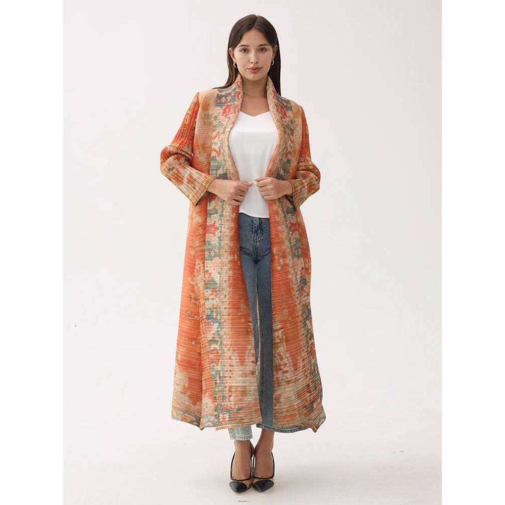 Miyake Pleated Vintage Printed Turn-Down Collar Sleeve Long Jacket Women Designer Abaya New Dubai Fashion Plus Size Coats