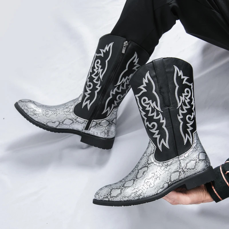 Retro Fashion Men Boots Head Snake Skin Patent Leather Winter Shoes Embroidered Western Cowboy Boots Footwear Plus Size 250715