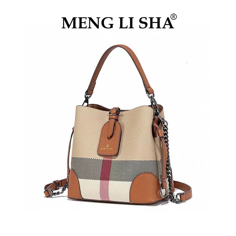 Meng Li Sha New Plaid Chain Bucket Bag Women's Handbag Free Shipping Designer Luxury Single Shoulder Crossbody Bag Leisure Shopping Bag
