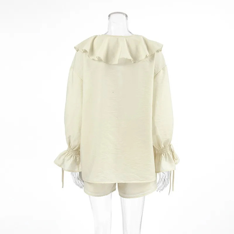 Summer Holiday Long Sleeve Ruffle Lace Up Chiffon Shorts Suit Women Casual V Neck Solid Loose Set 2025 Female Outfits 250714