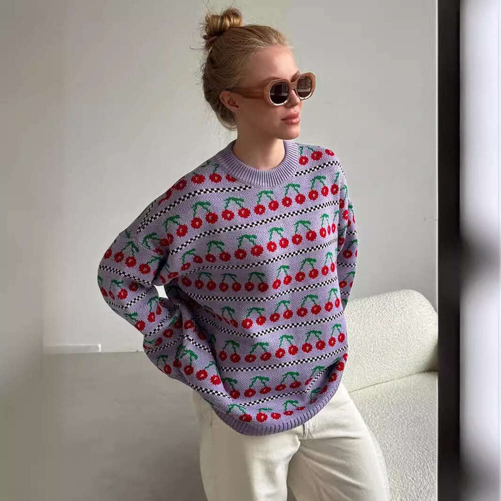 Autumn New Mid-Length Knitted Cherry Round Neck Sweater B5
