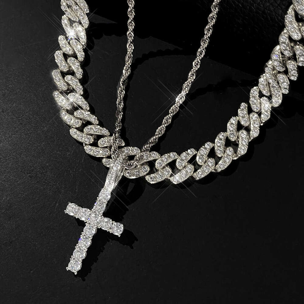 Full Dia Cross Pendant Fashion Creative Hip Hop Trend Alloy Cuban Chain Trendy Necklace Layering Set