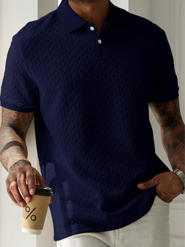 Men's Khaki Polo Shirt Vacation Casual Style With An INS-Inspired Look A Geometric Diamond-Textured Jacquard Knit Short-Sleeve