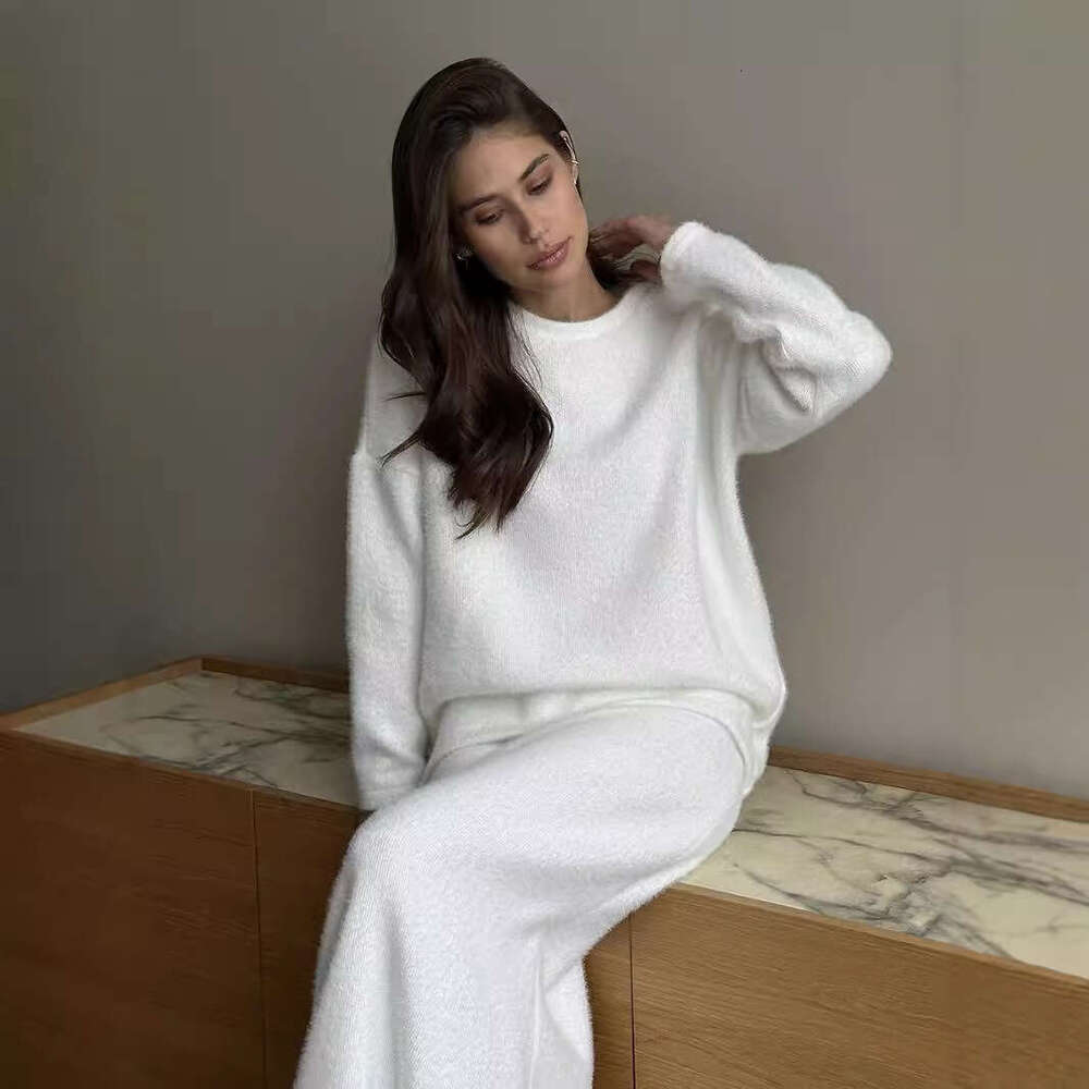 Autumn Winter Elegant Soft Thickened Round Neck Sweater Fishtail Two-Piece For Women OL Style Top + Skirt Set B5