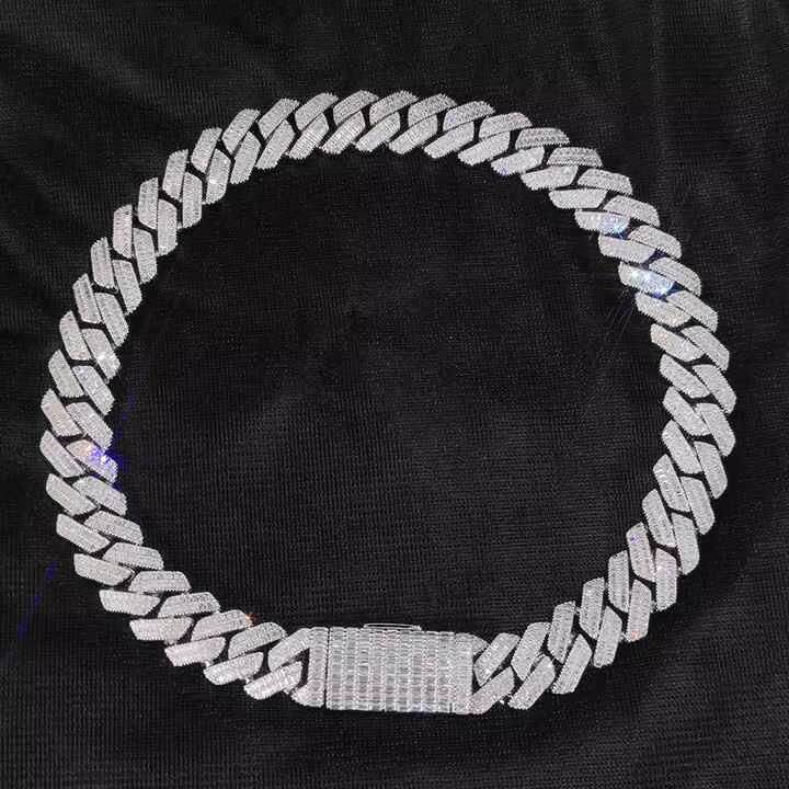 New Style 20mm Baguette Moissanite Necklace with Cuban Chain in White Gold Iced Out Hip Hop Diamond Jewelry Link Prong Necklace