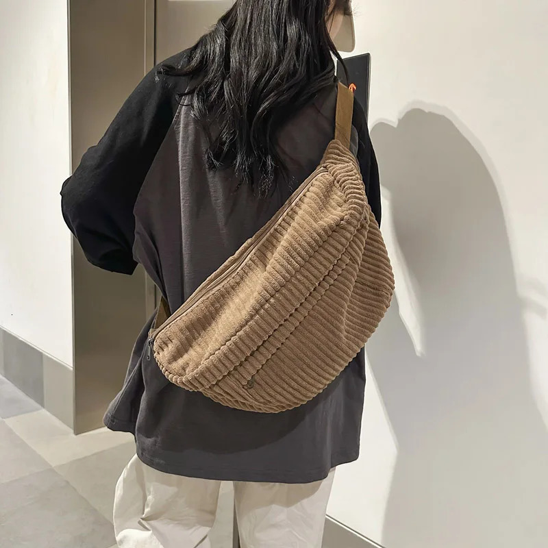 Large Capacity Waist Bag Women Shoulder Crossbody Bags Casual Fanny Pack Simple Phone Purse Corduroy Waist Bag Ladies Banana Bag 250714