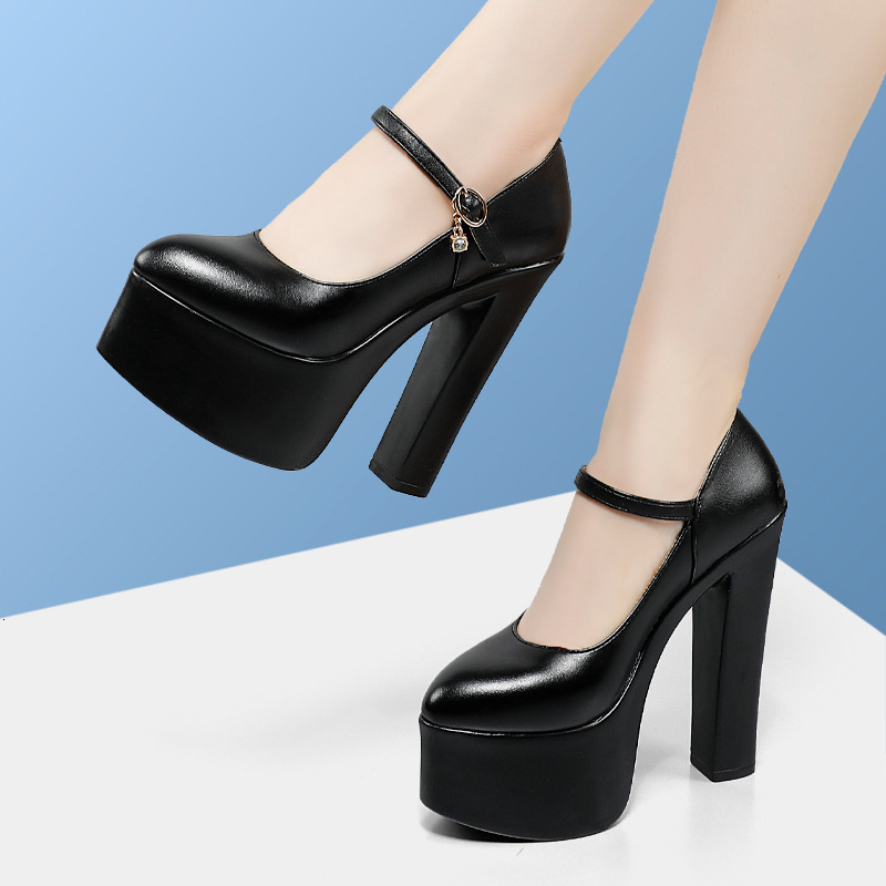 Cowhide Roll 15cm Thick Heel Waterproof Platform High Heels Show Genuine Leather Workplace Fashion Height Increasing Women's Shoes ddmysaturn