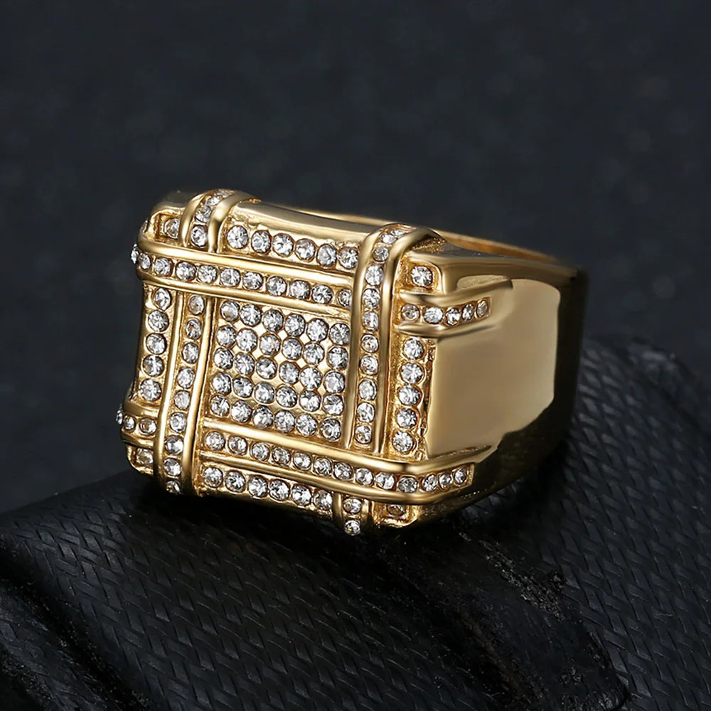 European And American Stainless Steel Gold-plated Full Diamond Square Hip Hop Mens Ring 250716