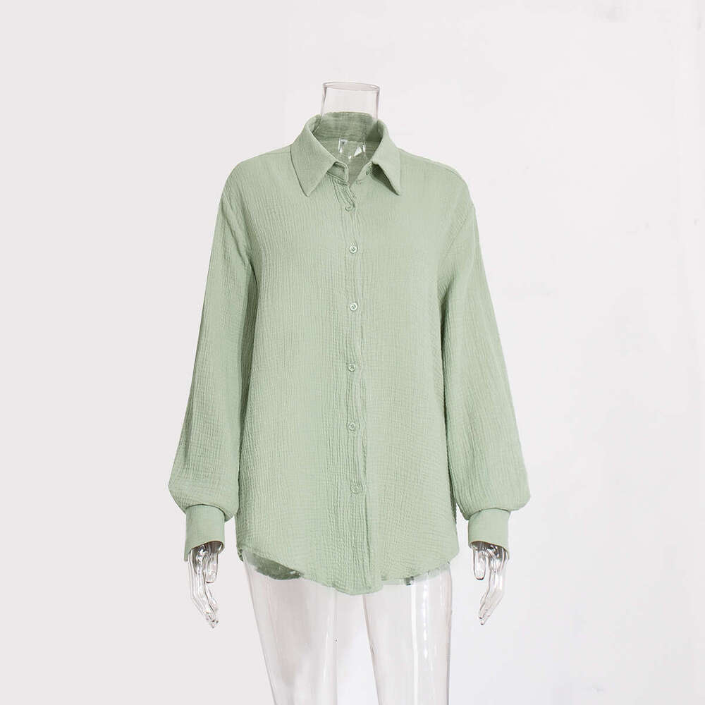 Pure Cotton Crepe Summer New Women's Comfortable Loose Elegant Polo Shirt Blouse B5