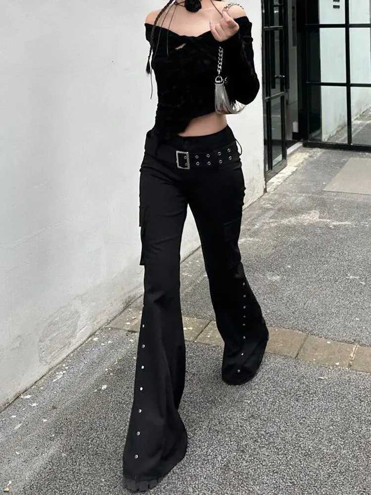 Retro New Pure Black Rivet Design Belt Decorative Slim Pants For Women Y2K Harajuku Goth Low-Waisted Flared Pants R250716